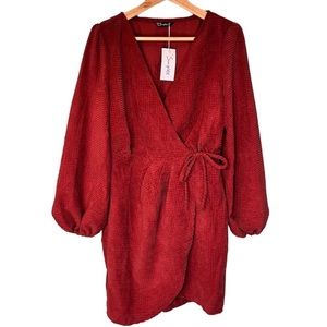 *NWT* Simplee Red Rust Velvet Faux Wrap Balloon Sleeve Tulip Skirt Dress